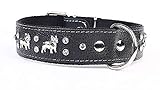 Capadi K0371 Weites Hundehalsband für Bulldoge verziert mit Ornament und Christallsteinen aus echtem strapazierfähiges Leder weich unterlegt, Schwarz, Breite 40 mm, Länge 55 cm