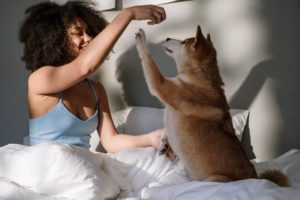 Foto von einer Frau und einem Hund im Bett